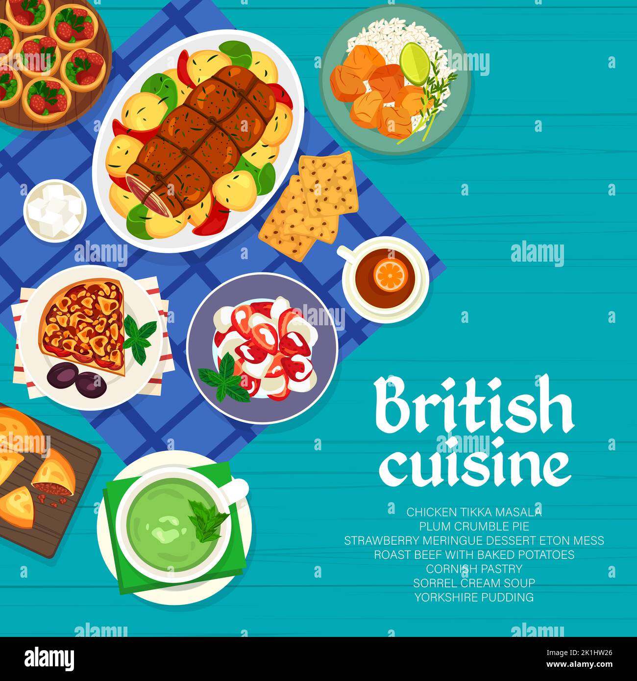 Page couverture du menu de cuisine britannique. Dessert à la meringue aux fraises Eton mess, soupe à la crème et thé noir, rôti de bœuf aux pommes de terre, Tikka Masala et pâtisserie de cornouailles, yorkshire pudding, tarte aux pommes de terre Illustration de Vecteur