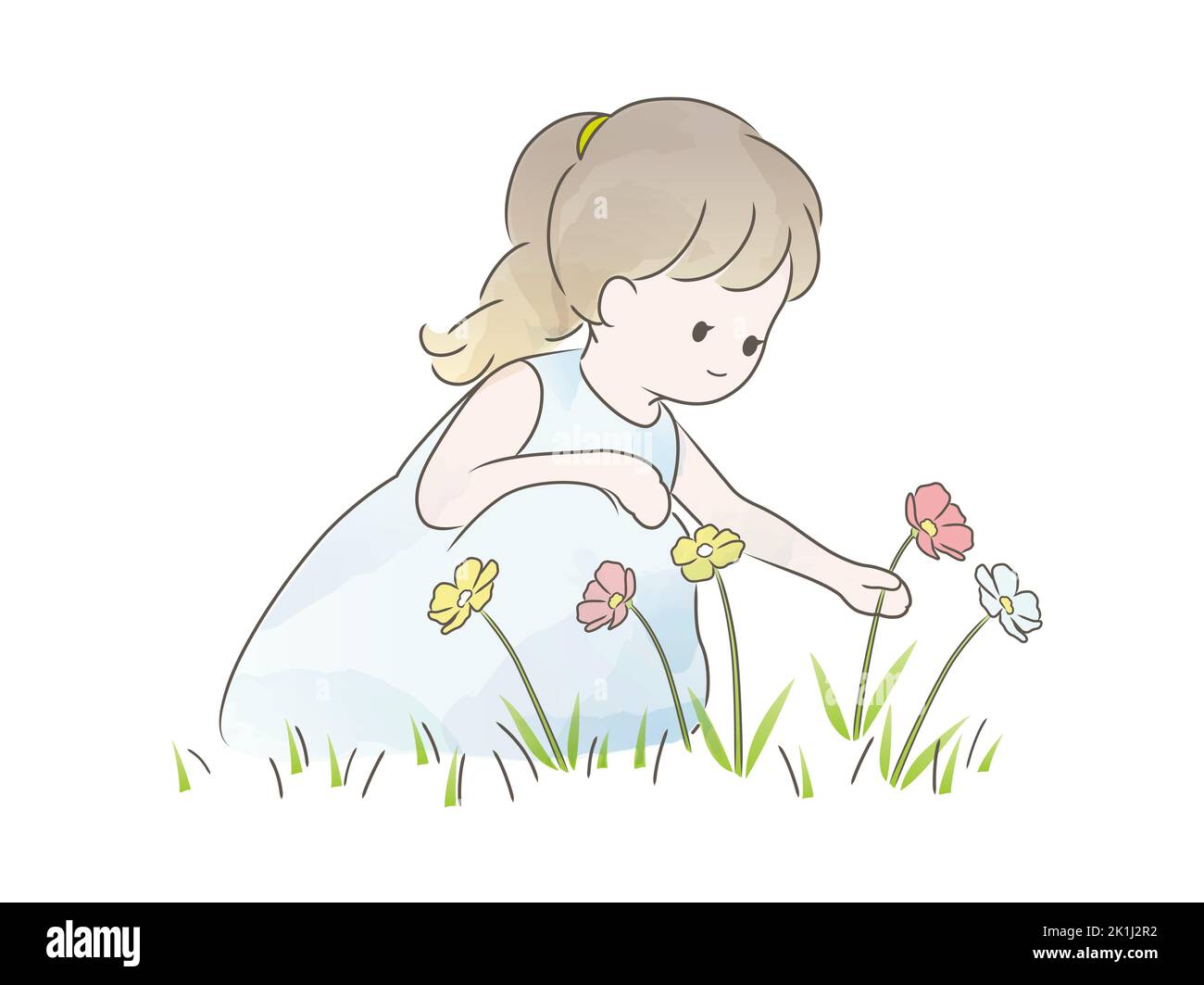 Aquarelle Cute Girl cueillant des fleurs sauvages dans le champ isolé sur Un fond blanc. Illustration naïve de vecteur. Illustration de Vecteur