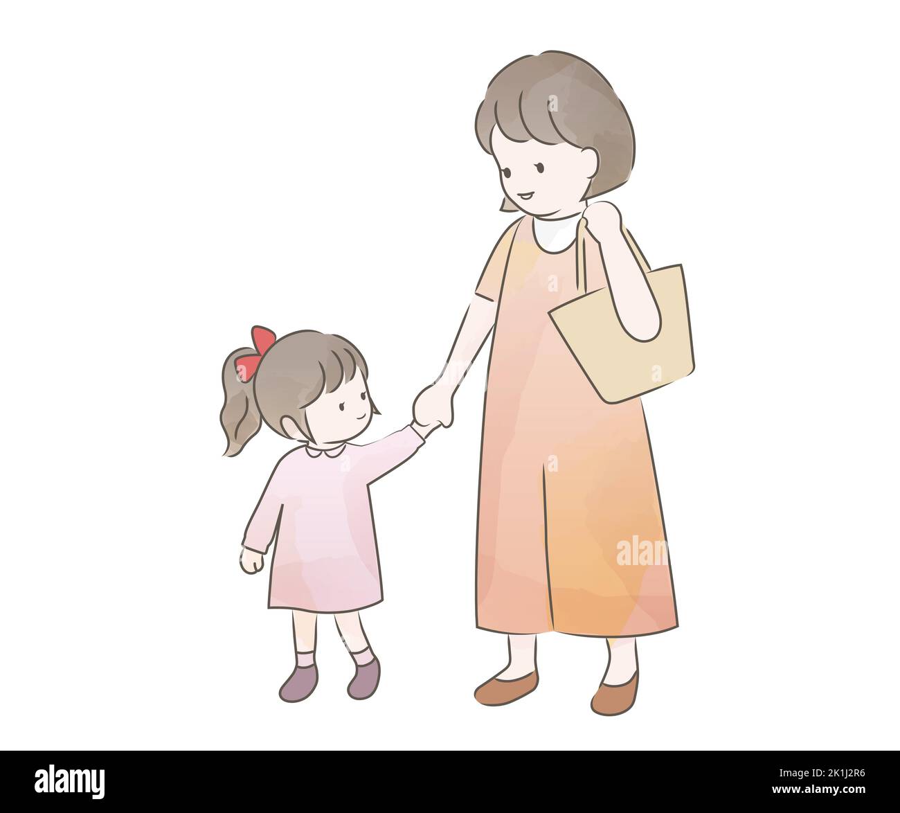 Aquarelle mère et fille marchant main dans la main. Illustration vectorielle isolée sur un fond blanc. Illustration de Vecteur