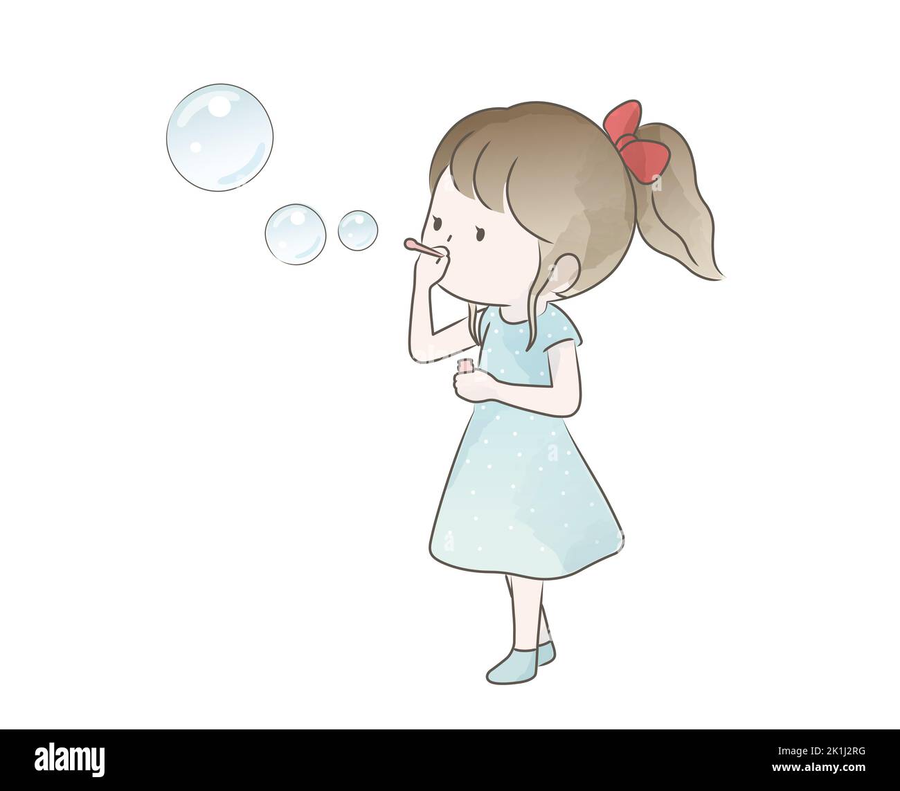 Aquarelle Cute Girl Blowing Bubbles isolé sur Un fond blanc. Illustration naïve de vecteur. Illustration de Vecteur