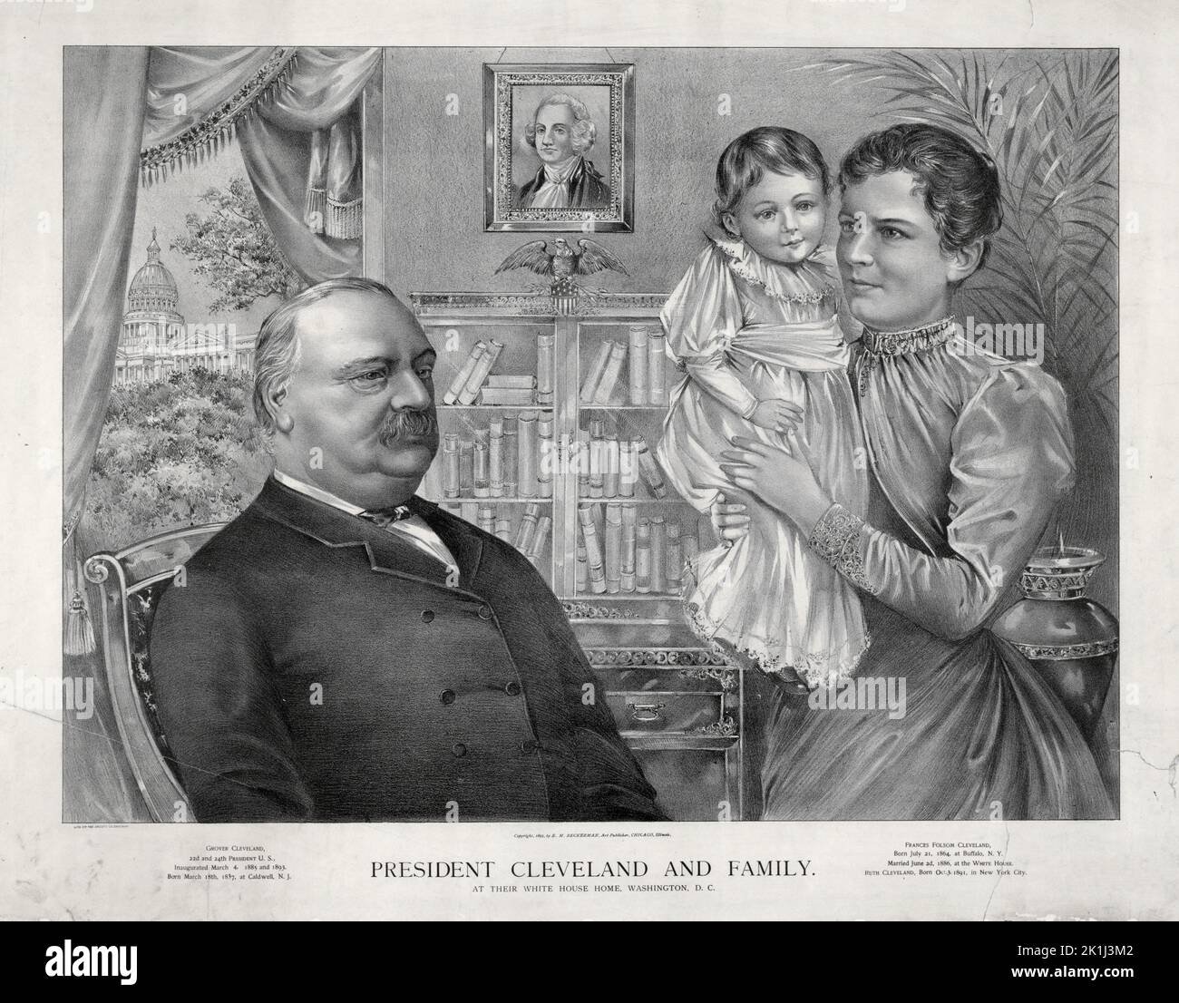 Une gravure du président Grover Cleveland, de la première dame Frances Folsom Cleveland et de la fille Ruth ('Baby Ruth') Cleveland Banque D'Images