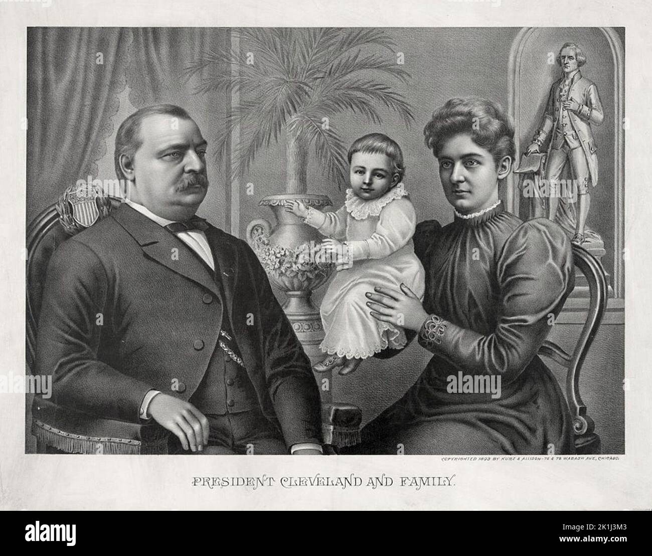 Une gravure du président Grover Cleveland, de la première dame Frances Folsom Cleveland et de la fille Ruth ('Baby Ruth') Cleveland Banque D'Images