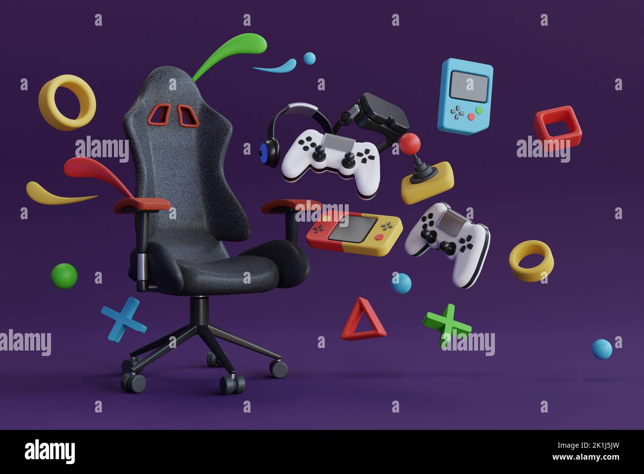 Modèle de rendu de chaise de jeu 3D. E sports manette de jeu. Console de chaise de jeu suspendue avec équipement de jeu. 3d rendu Banque D'Images