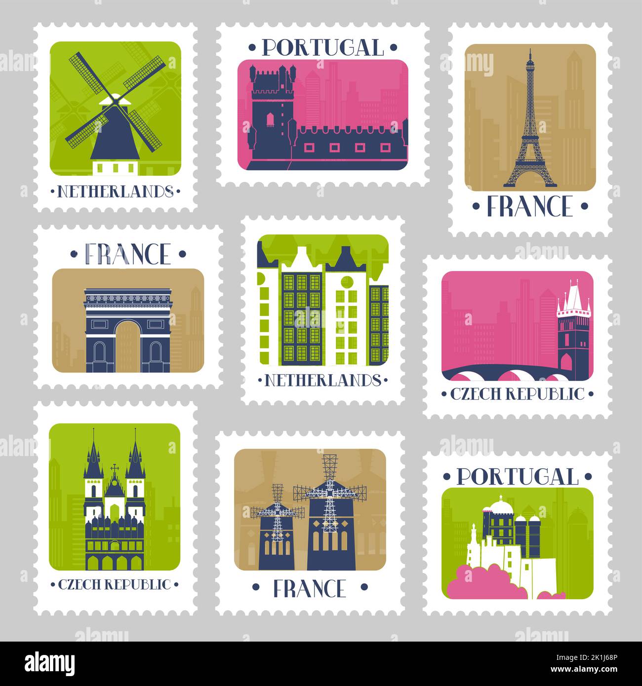 Design de l'ensemble de postmark avec le point de repère du pays d'europe Illustration de Vecteur