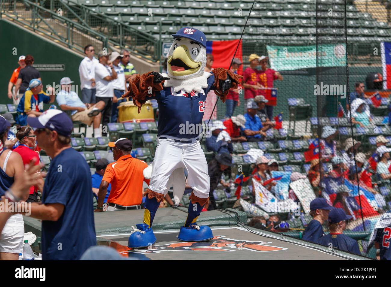 Sarasota, Floride. USA; la mascotte de l'équipe USA, Sam The Eagle, reçoit les fans applaudissent pendant le jeu de médaille d'or contre le Taipei chinois de la base mondiale de 18-U. Banque D'Images