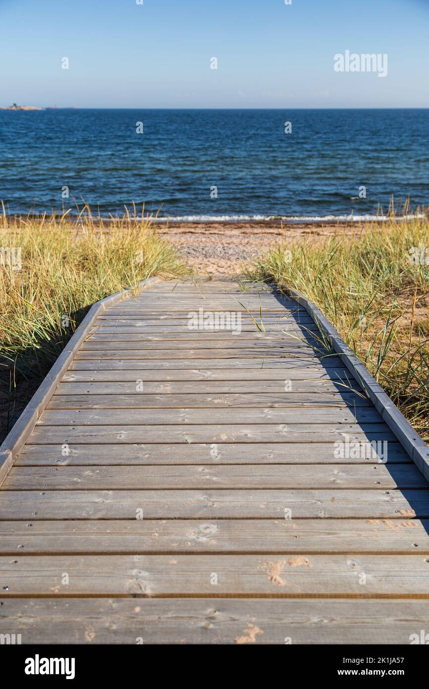 Promenade en bois menant à une plage vide à Hanko, en Finlande, par une journée ensoleillée en été. Se concentrer sur la profondeur de champ avant peu profonde. Banque D'Images
