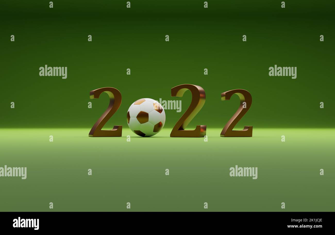 Ballon de football doré avec le numéro d'année d'or 2022 sur fond vert, 3D rendu Banque D'Images