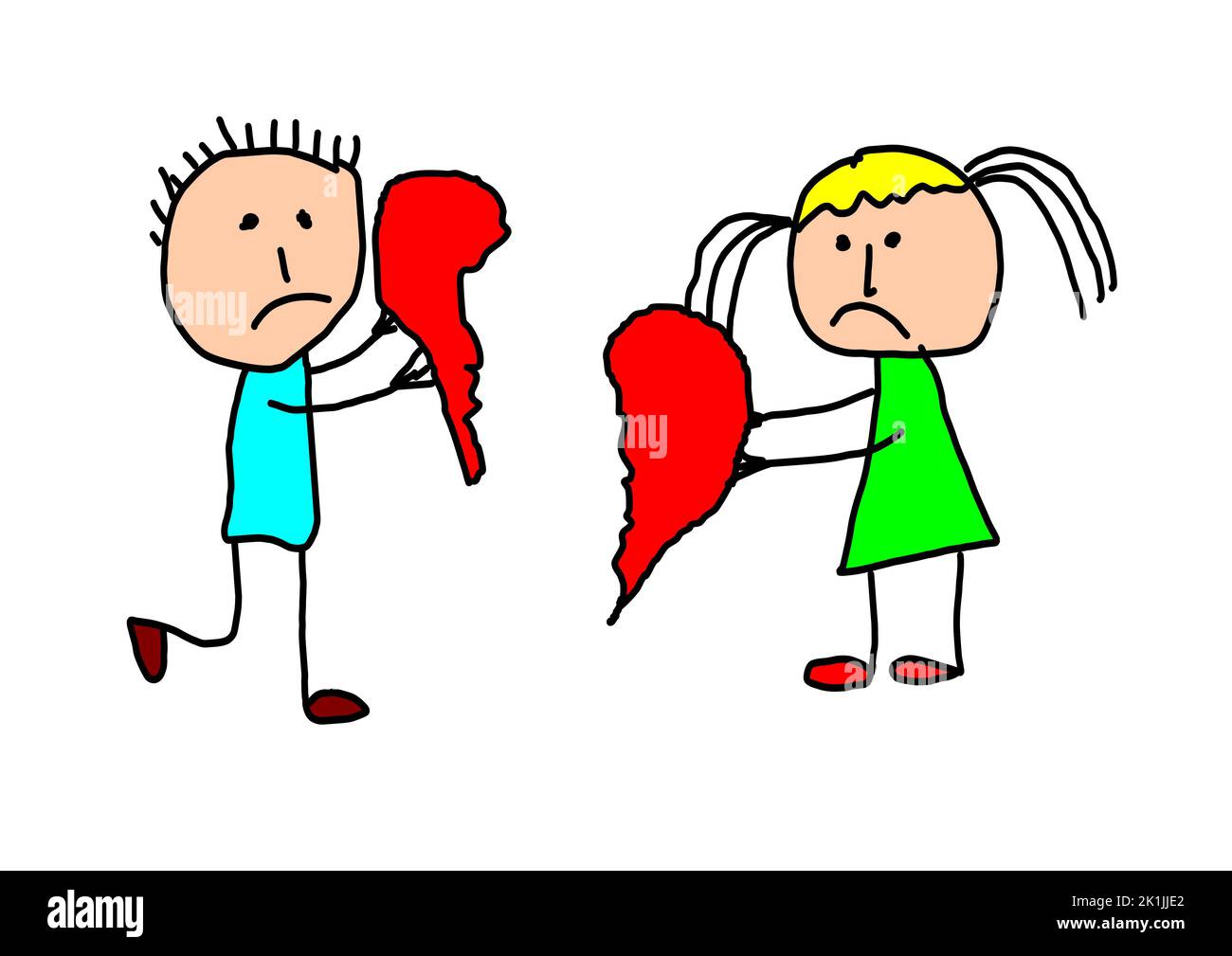 Concept de divorce, malentendu dans la famille, dessiné par un enfant. Coeur brisé symbolisant la fin de l'amour. Banque D'Images