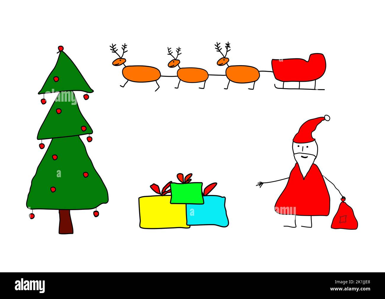 Concept de Noël, dessiné par un enfant. Le Père Noël est arrivé avec son traîneau à rennes, et apporte de nombreux cadeaux. Banque D'Images
