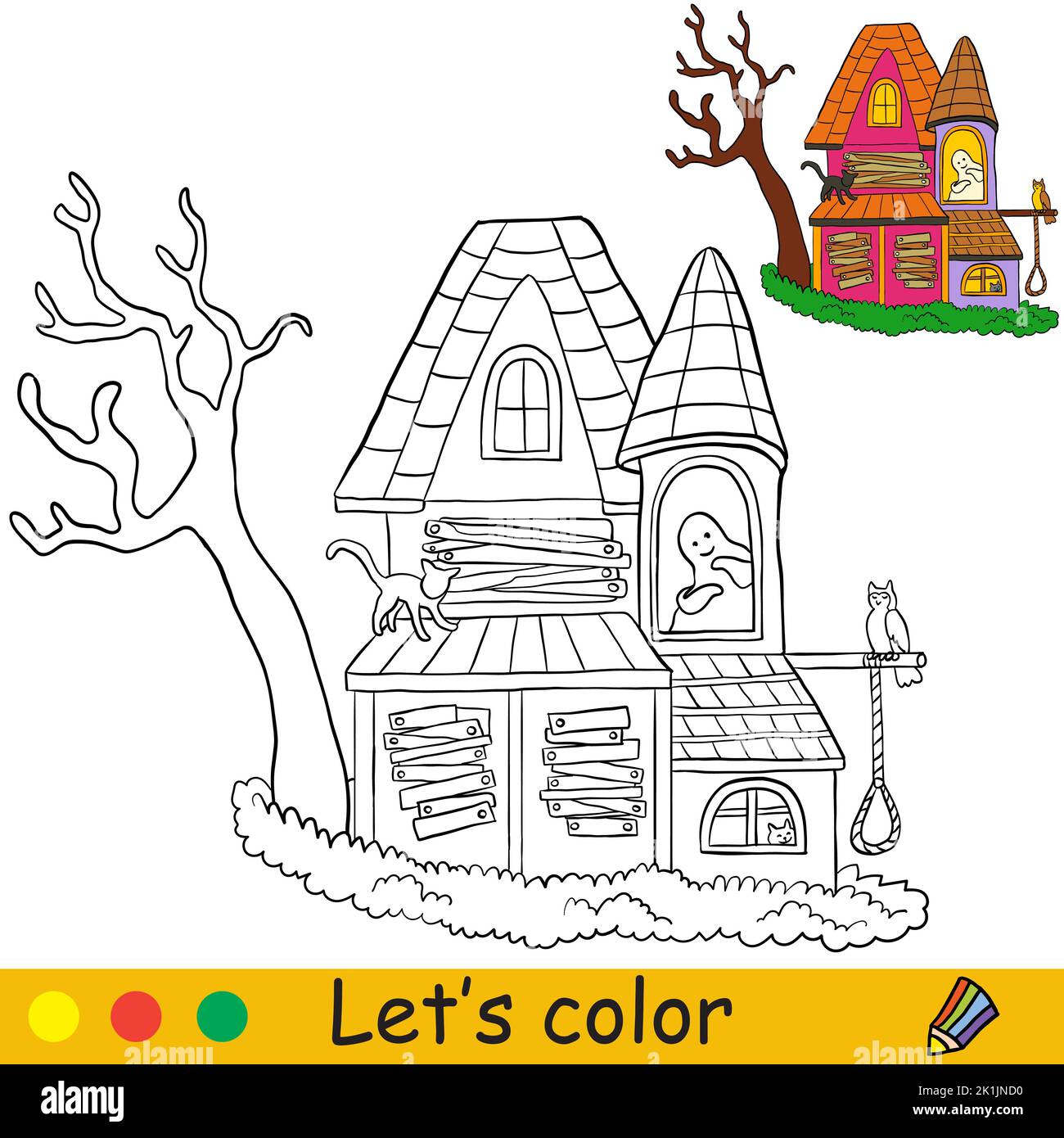 Une vieille maison hantée avec un arbre mort. Concept Halloween. Page de livre de coloriage pour les enfants avec modèle coloré. Illustration de dessin animé vectoriel. Pour pri Illustration de Vecteur