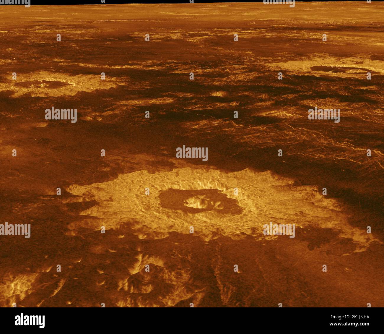 Kazakhstan. 18th septembre 2022. Trois cratères d'impact sont affichés dans cette vue en perspective tridimensionnelle de la surface de Vénus prise par Magellan de la NASA, la première sonde spatiale lancée par une navette spatiale. Le centre de l'image est situé à environ 27 degrés de latitude sud, 339 degrés de longitude est dans la partie nord-ouest de la région de Lavinia Planitia de la planète Vénus. Credit: NASA/JPL-Caltech via CNP Credit: Abaca Press/Alay Live News Credit: Abaca Press/Alay Live News Banque D'Images
