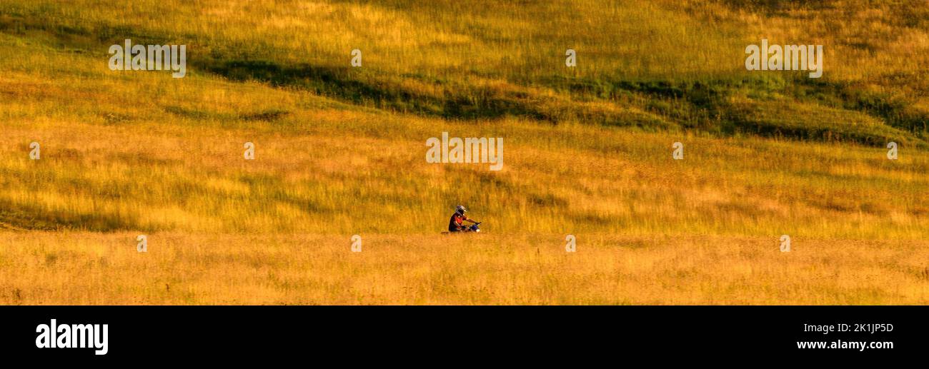 Homme en vélo de terre moto de croix à travers Zlatibor paysage herbeux le jour ensoleillé d'été, foyer sélectif Banque D'Images