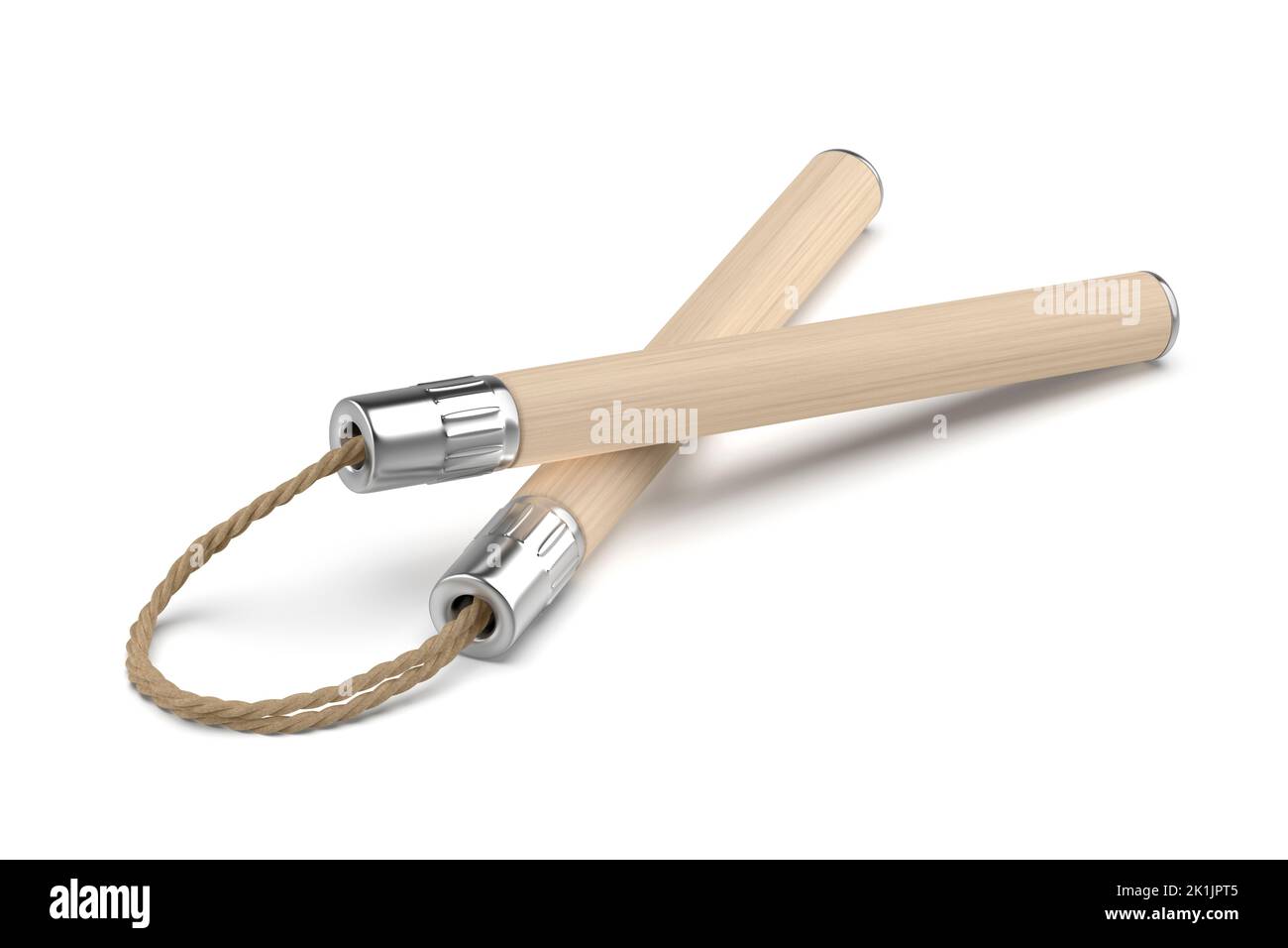 Nunchaku en bois avec cordon sur fond blanc Banque D'Images