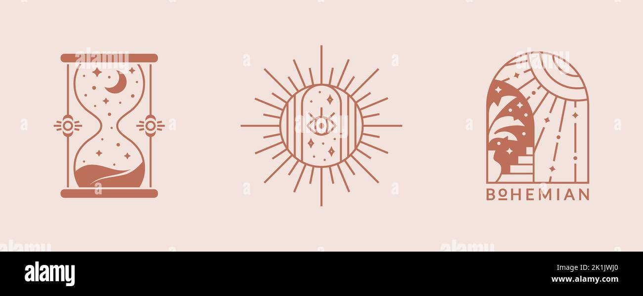 Logos de boho. Éléments de design tendance pour la magie, ésotérique, psychologie, thérapie alternative, spirituelle, céleste, et d'autres thèmes. Vecteur. Illustration de Vecteur