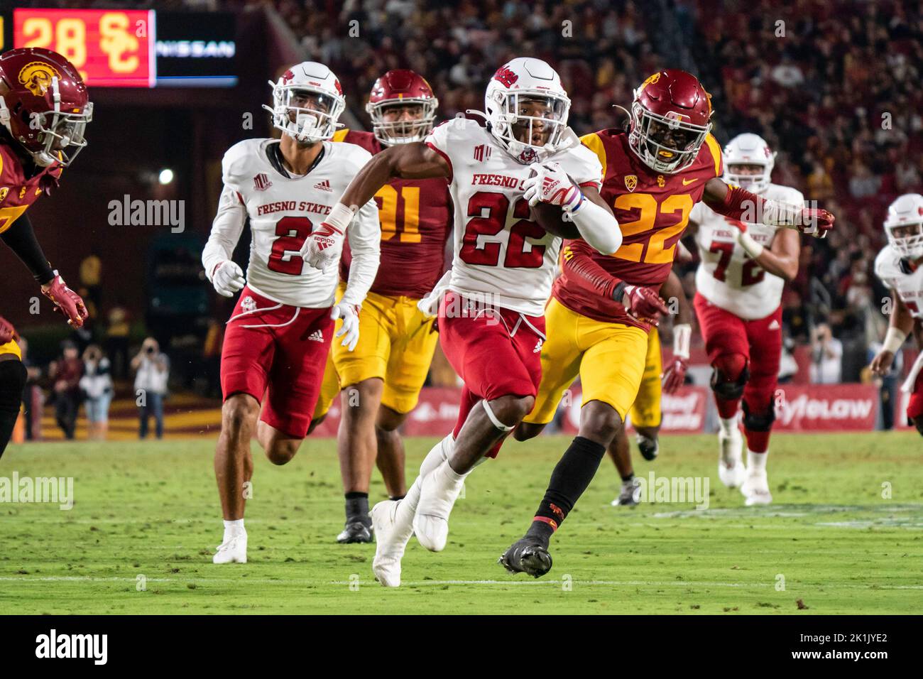 Fresno State Bulldogs en cours de retour Malik Sherrod (22) exécute le ballon lors d'un match de football de la NCAA contre les chevaux de Troie de la Californie du Sud, samedi, sept Banque D'Images