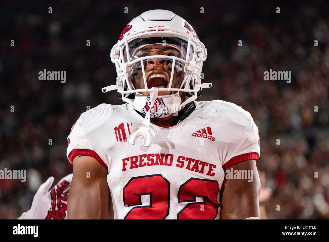 Fresno State Bulldogs qui a fait marche arrière Malik Sherrod (22) célèbre un touchdown lors d'un match de football de la NCAA contre les chevaux de Troie de la Californie du Sud, Satu Banque D'Images