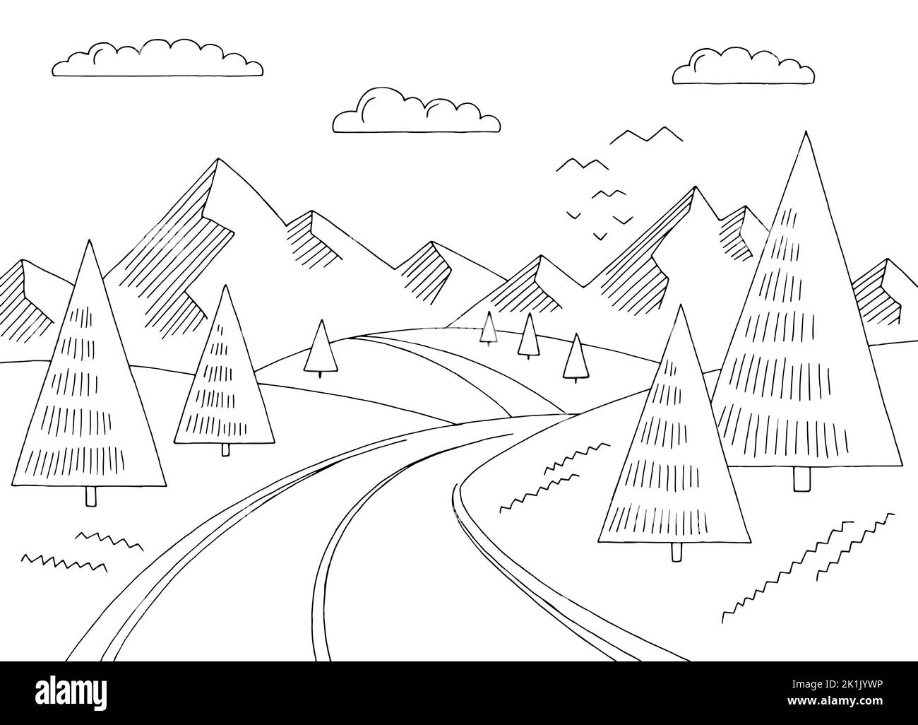 Route de montagne simple graphique noir blanc paysage dessin vecteur d'illustration Illustration de Vecteur