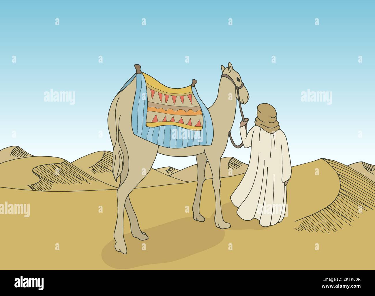 L'homme conduit un chameau à travers le désert graphique couleur paysage illustration vecteur Illustration de Vecteur
