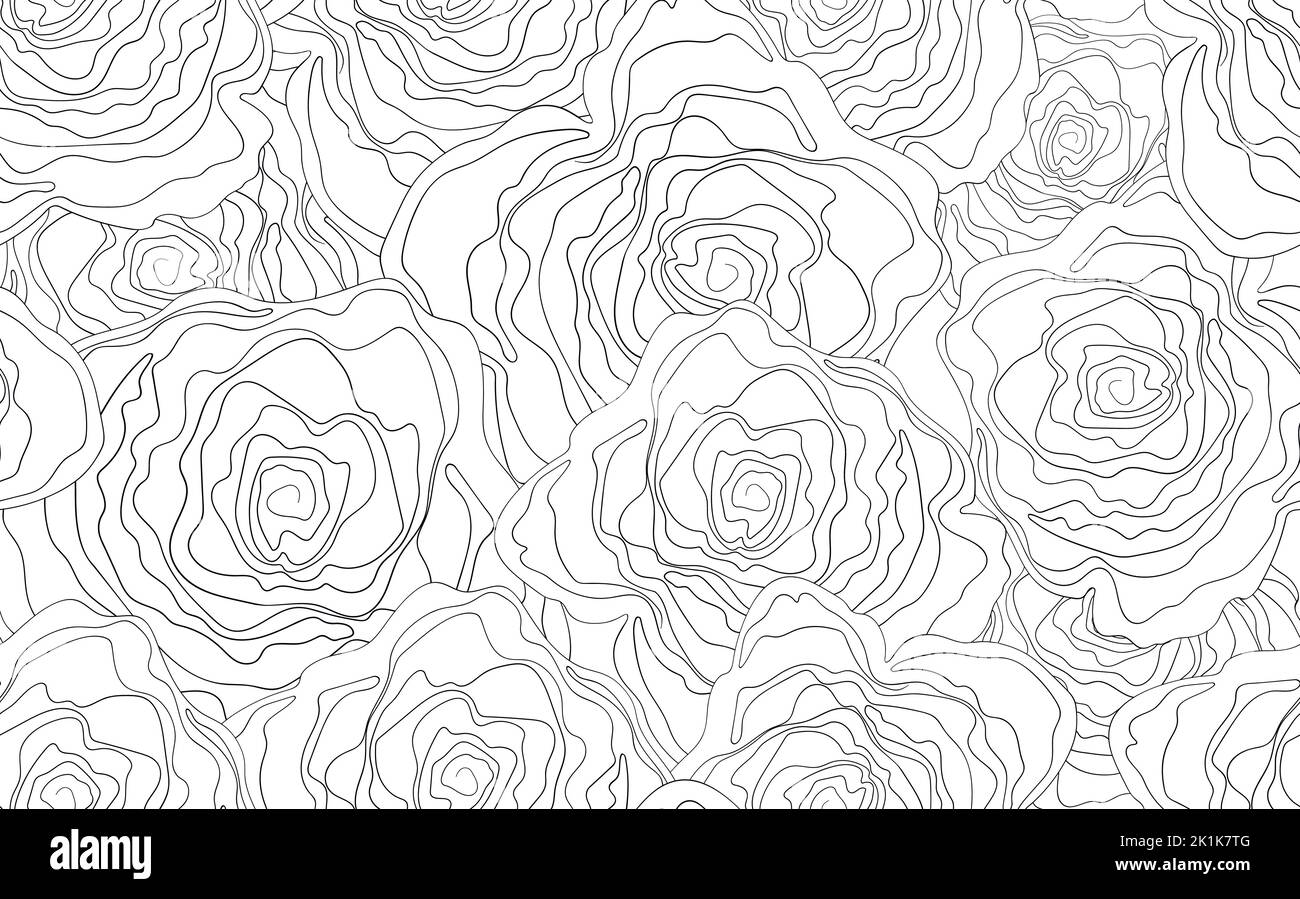 Ornements de lignes d'art silhouette à motif fleuri sans couture. Arrière-plan noir et blanc avec fleurs. Illustration vectorielle. Motif minimaliste simple Illustration de Vecteur