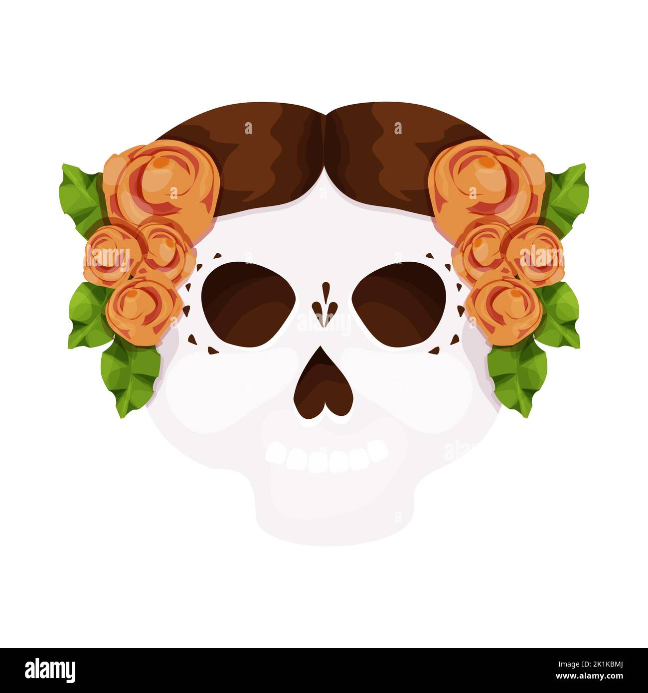 Jour mort, crâne décoré avec des fleurs traditionnelles, masque, fête d'Halloween dans le style de dessin animé isolé sur fond blanc. Illustration vectorielle Illustration de Vecteur