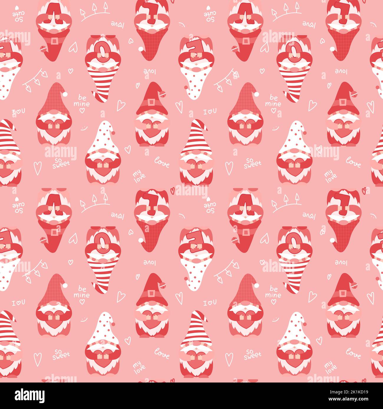 Motif sans couture avec de jolis gnomes de dessins animés de la Saint-Valentin tenant des coeurs et des lettres AMOUR. Caractères nains roses et mots manuscrits. Vecteur de couleur i Illustration de Vecteur