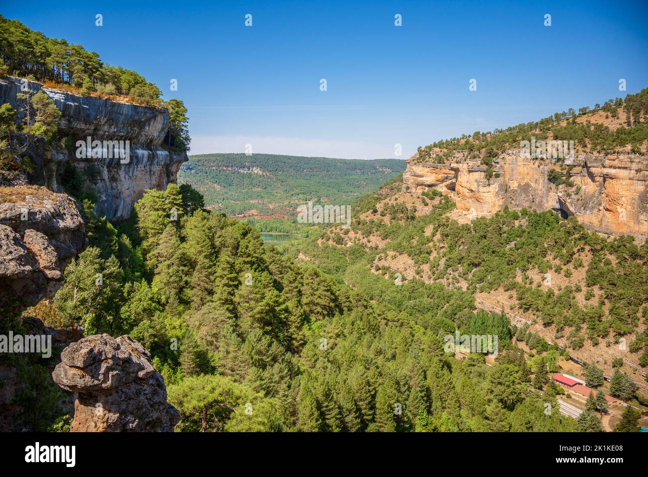 Paysage de la Serrania de Cuenca. Karst érodé par l'eau et les forêts de conifères Banque D'Images