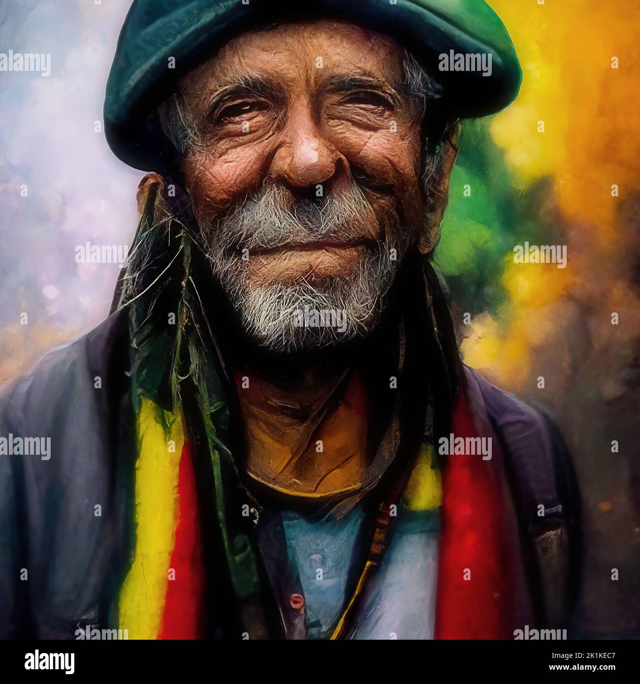 Portrait d'avatar conceptuel généré numériquement d'un homme jamaïcain senior souriant avec influence reggae Banque D'Images
