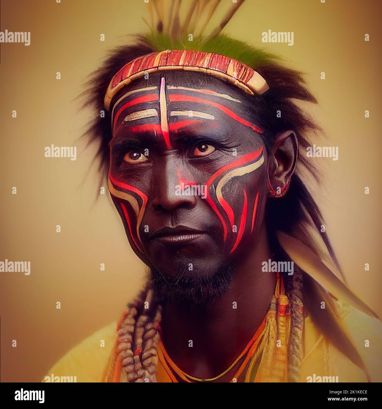 Portrait d'avatar conceptuel généré numériquement d'un homme de la tribu des Maasai kenyan avec une peinture pour le visage et des vêtements traditionnels Banque D'Images