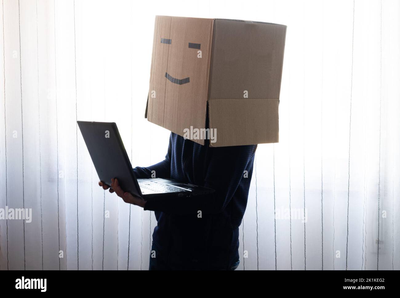 Homme avec une boîte en carton sur sa tête à l'aide d'un ordinateur portable Banque D'Images