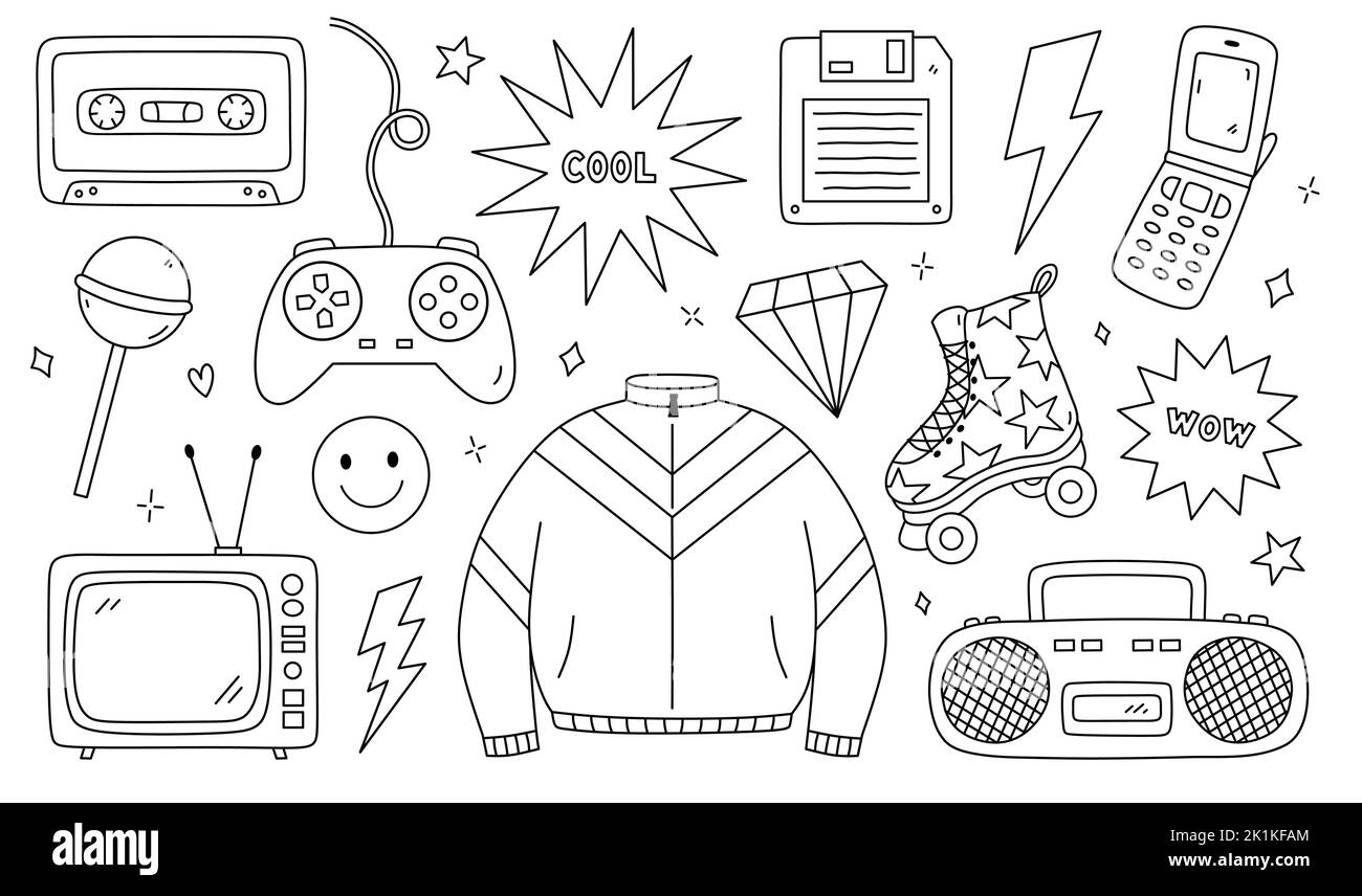 Ensemble d'articles Doodle des années 90 - cassette rétro, veste de sport, magnétophone, roller skate, TV, joystick, disquette Illustration de Vecteur