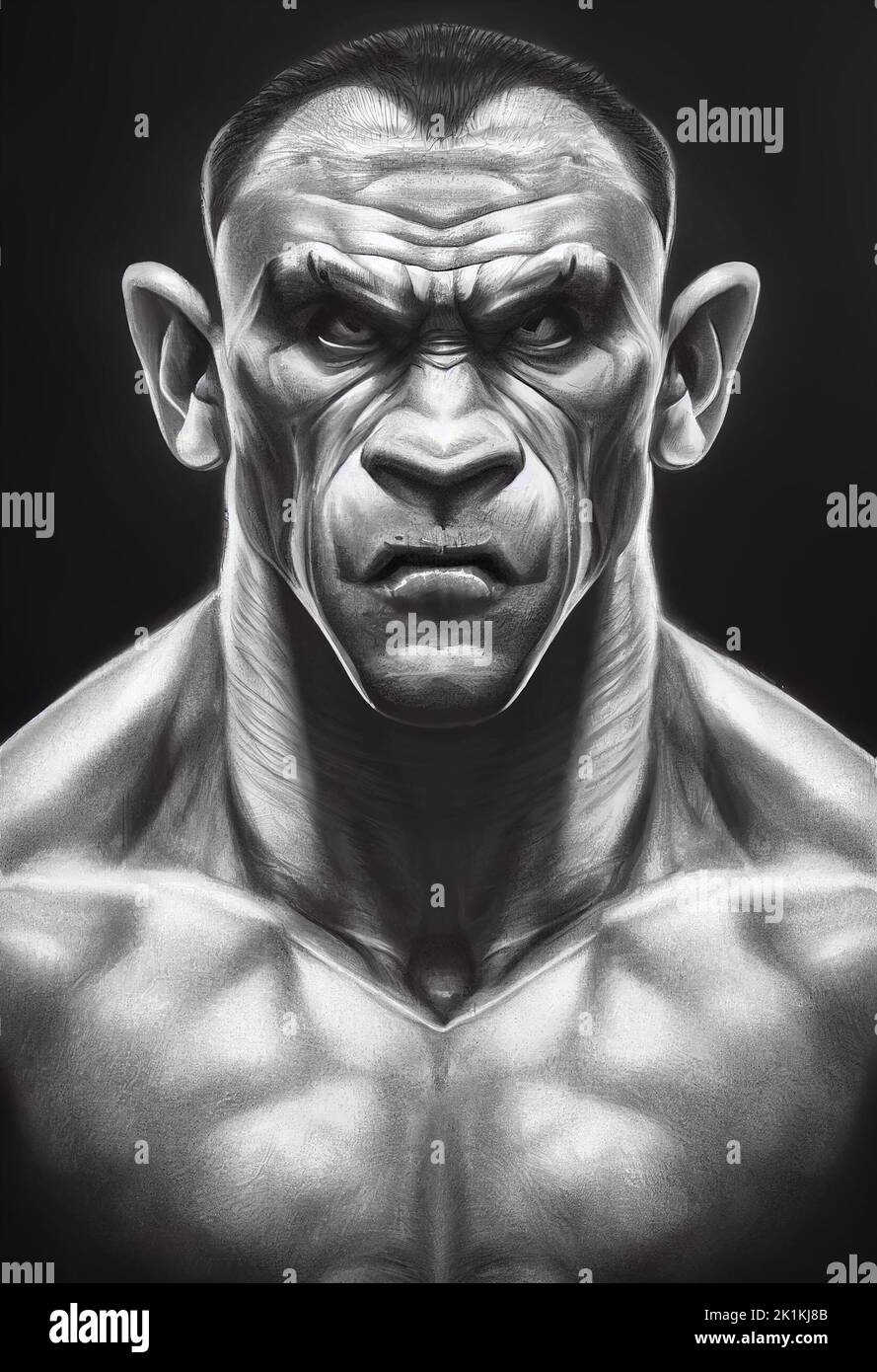 La vue verticale en niveaux de gris d'un homme en colère - le portrait d'un héros de boxeur fictif Banque D'Images