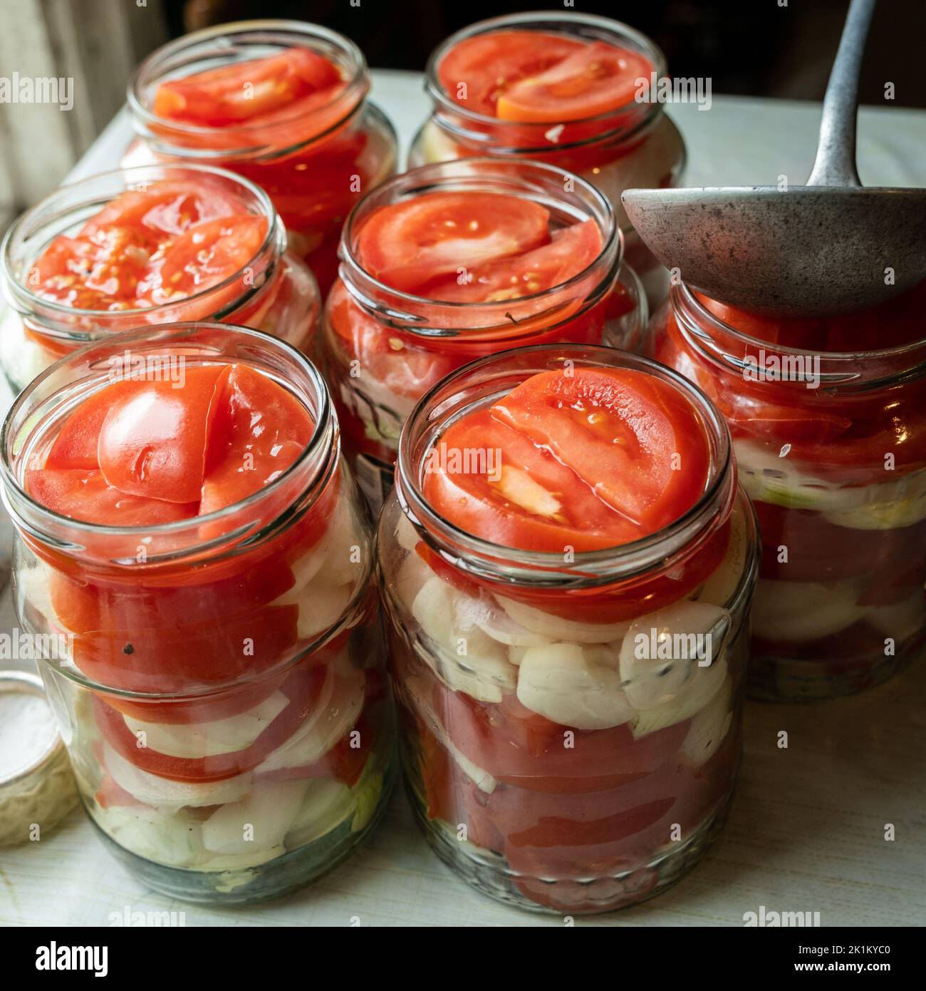 Mettre en conserve les tomates fraîches avec les oignons pour l'hiver dans la marinade en gelée. Un coup de feuilles de basilic sur une tranche de tomate mûre rouge et des rondelles d'oignon à mettre i Banque D'Images