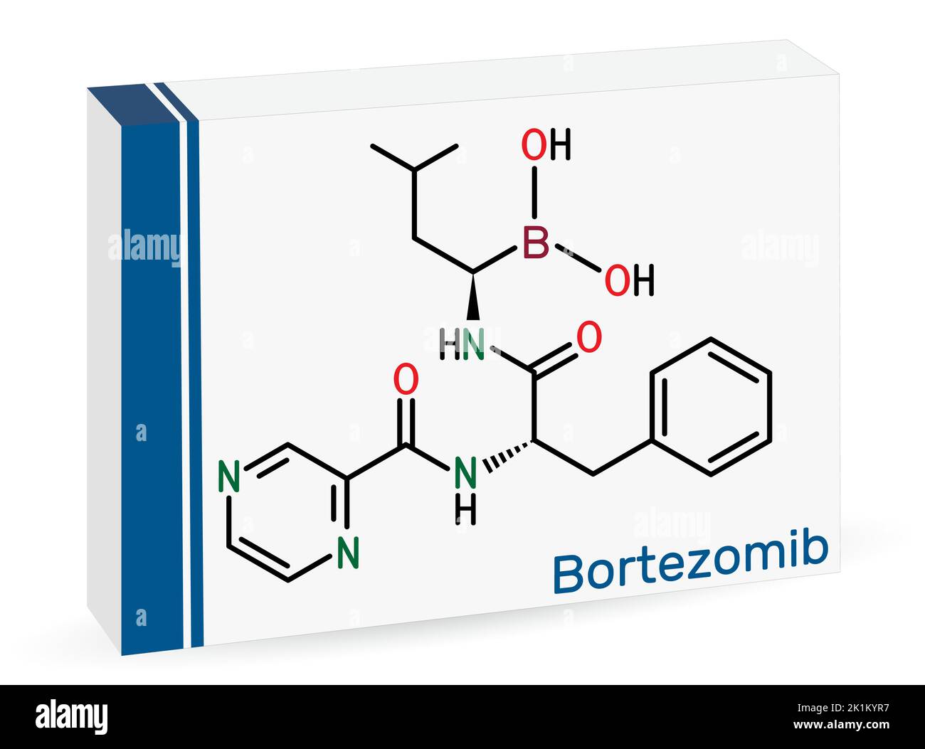 Molécule de bortézomib. Il s'agit d'un médicament anticancéreux. Formule chimique du squelette. Emballage en papier pour médicaments Illustration de Vecteur