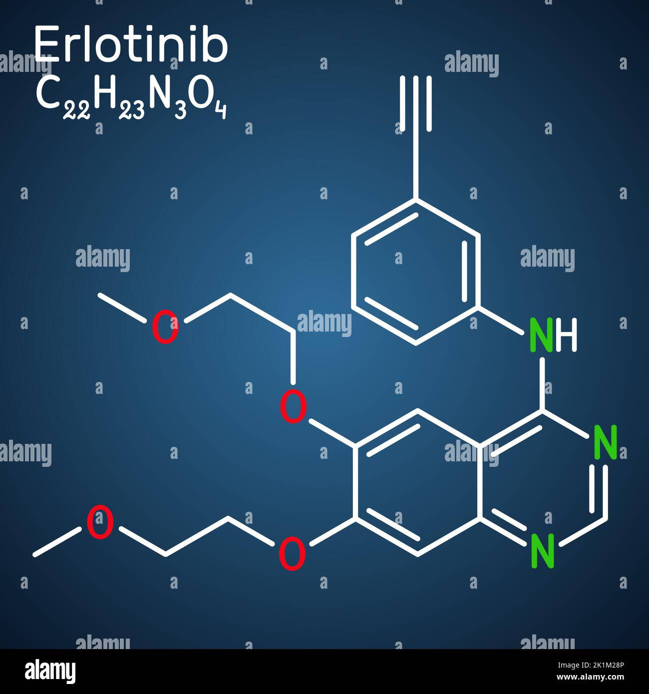 Molécule d'erlotinib. Il est utilisé pour traiter le cancer du poumon. Formule chimique structurelle sur fond bleu foncé. Illustration de Vecteur
