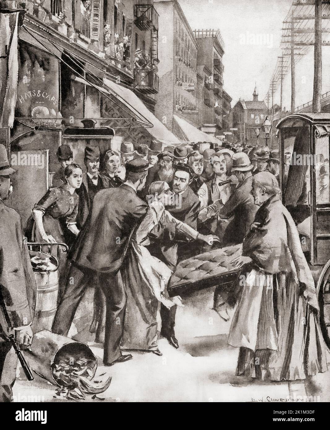 Une femme soupçonnée de contracter le choléra est emmenée de sa maison sur second Avenue, New York, à une ambulance. Après une illustration dans une édition de 1892 de Frank Leslie's Illustrated Weekly. Banque D'Images