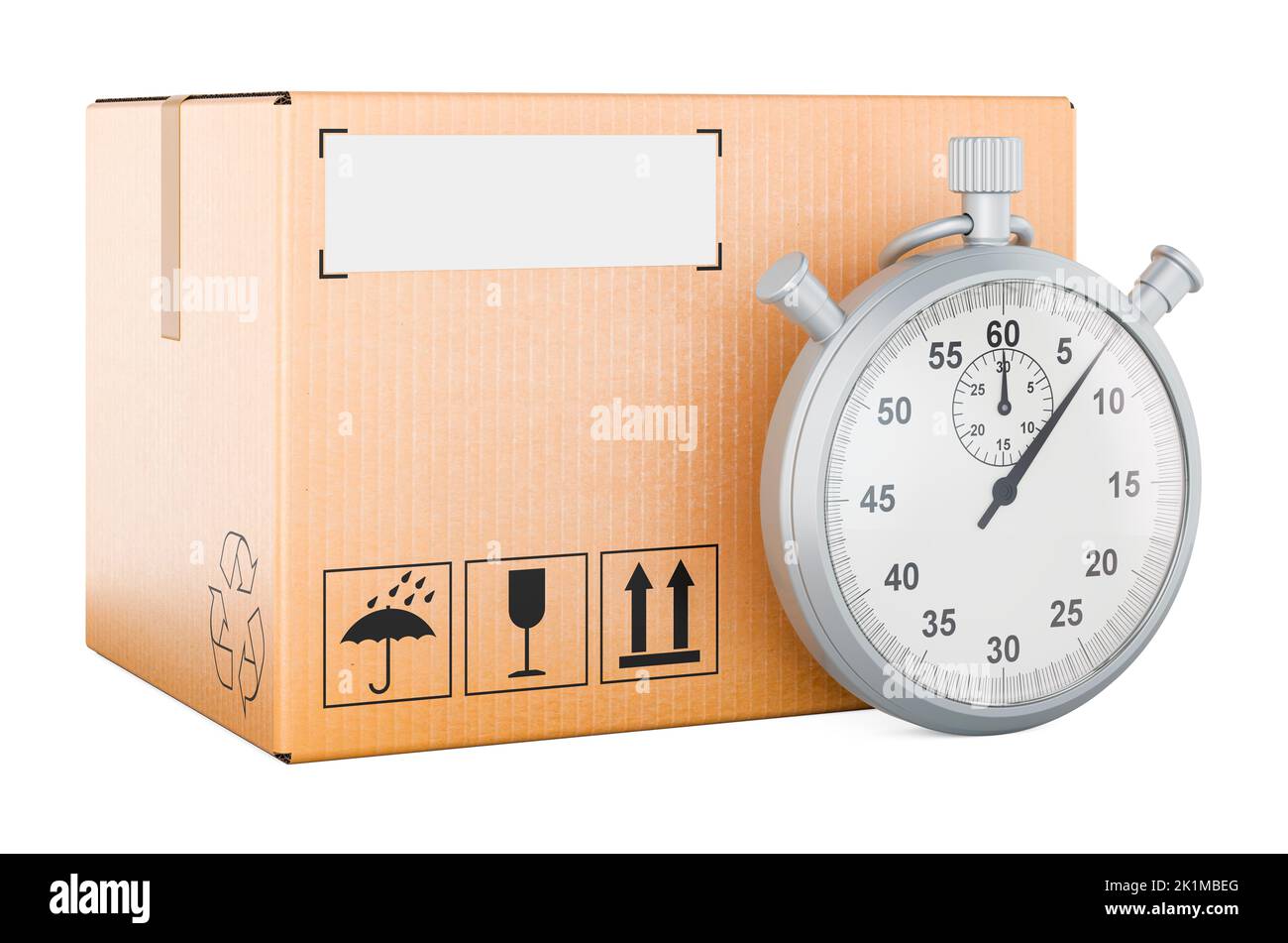 Colis avec chronomètre. Concept de livraison rapide, rendu 3D isolé sur fond blanc Banque D'Images