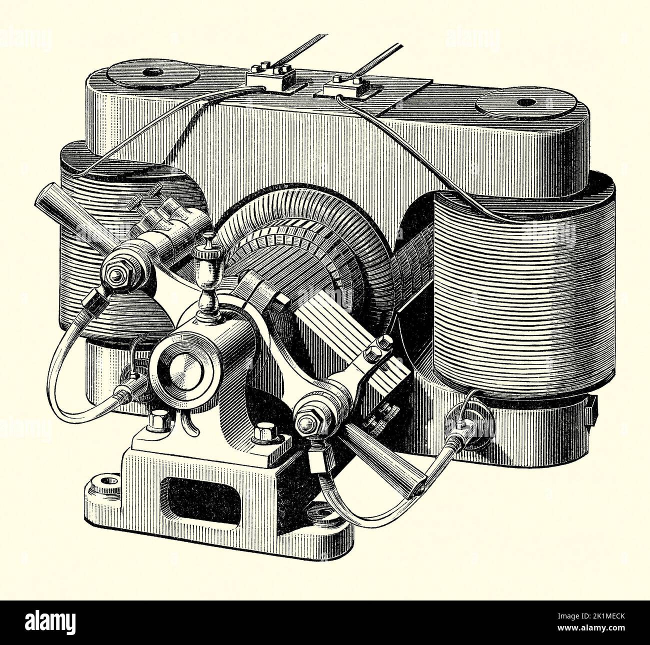 Une ancienne gravure victorienne d'une machine dynamo-électrique "Manchester", réalisée par Mather et Platt, Salford, Manchester, Lancashire, Angleterre, ROYAUME-UNI. Il est d'un livre de 1890. Les deux noyaux reposent de chaque côté de l'armature, avec des pôles au-dessus et en dessous. Banque D'Images