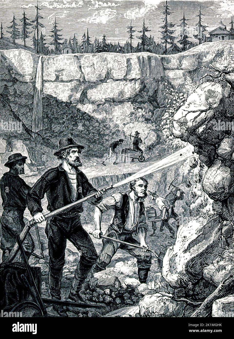 Exploitation minière hydraulique (placer), Californie, 1883 Banque D'Images