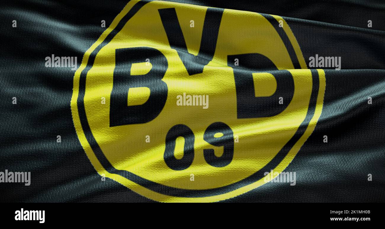 Barcelone, Espagne - 17 septembre 2022 : Club de football Borussia Dortmund FC, logo de l'équipe de football. 3D illustration, Editorial. Banque D'Images