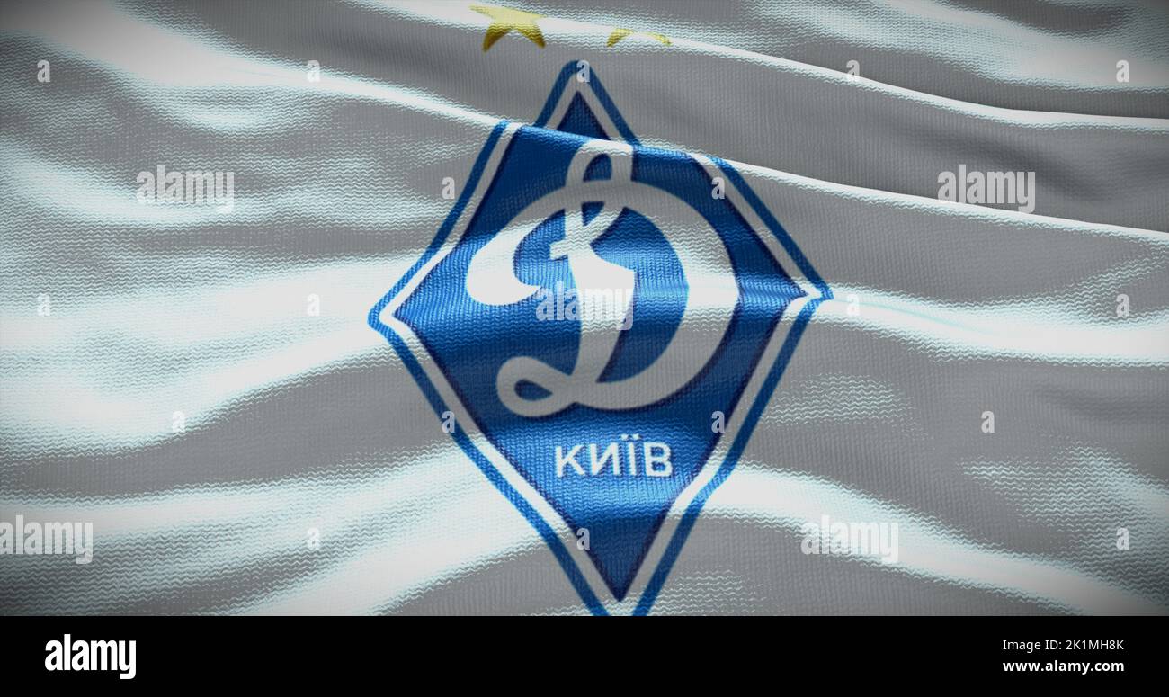 Barcelone, Espagne - 17 septembre 2022 : club de football Dynamo Kiev FC, logo de l'équipe de football. 3D illustration, Editorial. Banque D'Images