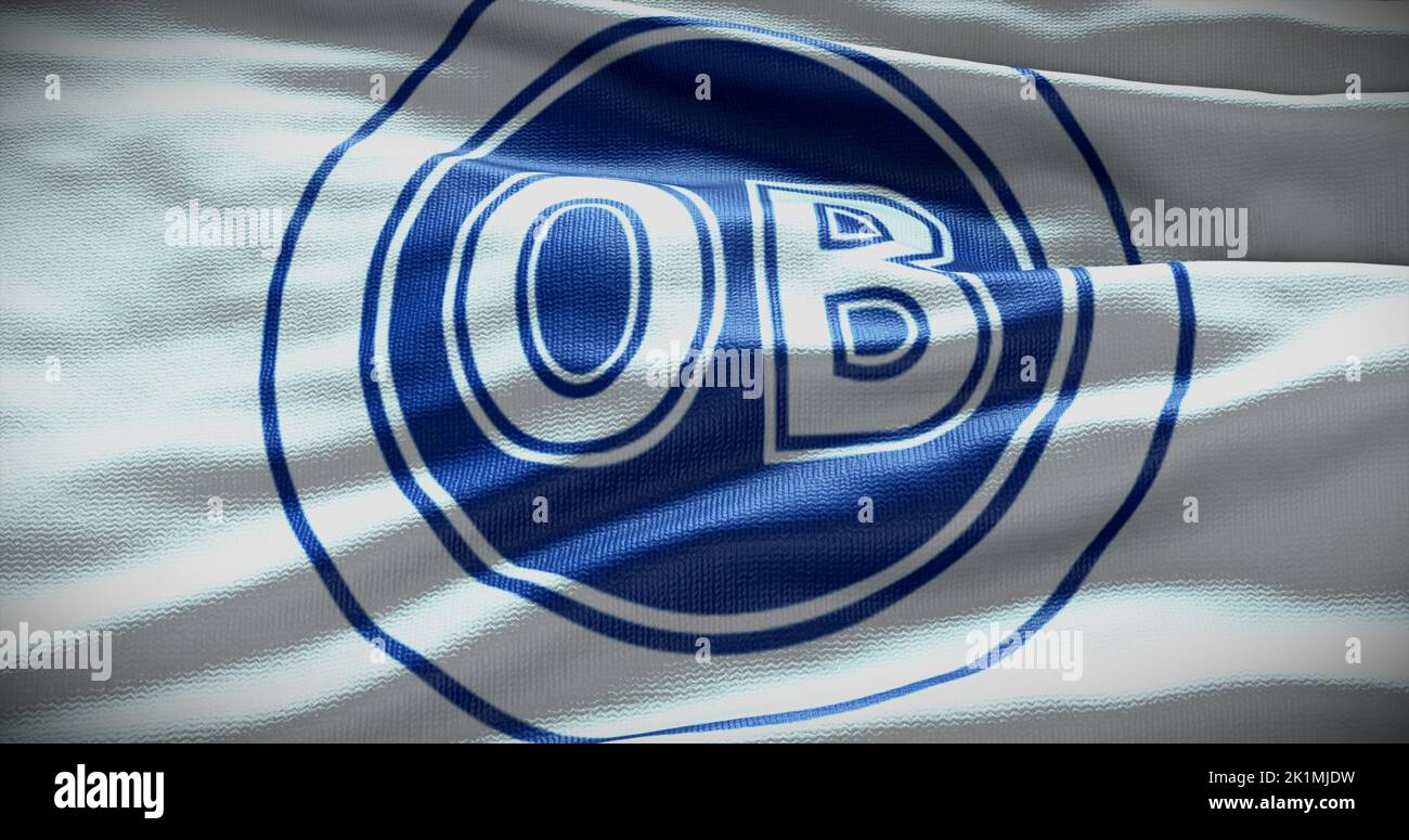 Barcelone, Espagne - 17 septembre 2022 : club de football OB Odense FC, logo de l'équipe de football. 3D illustration, Editorial. Banque D'Images