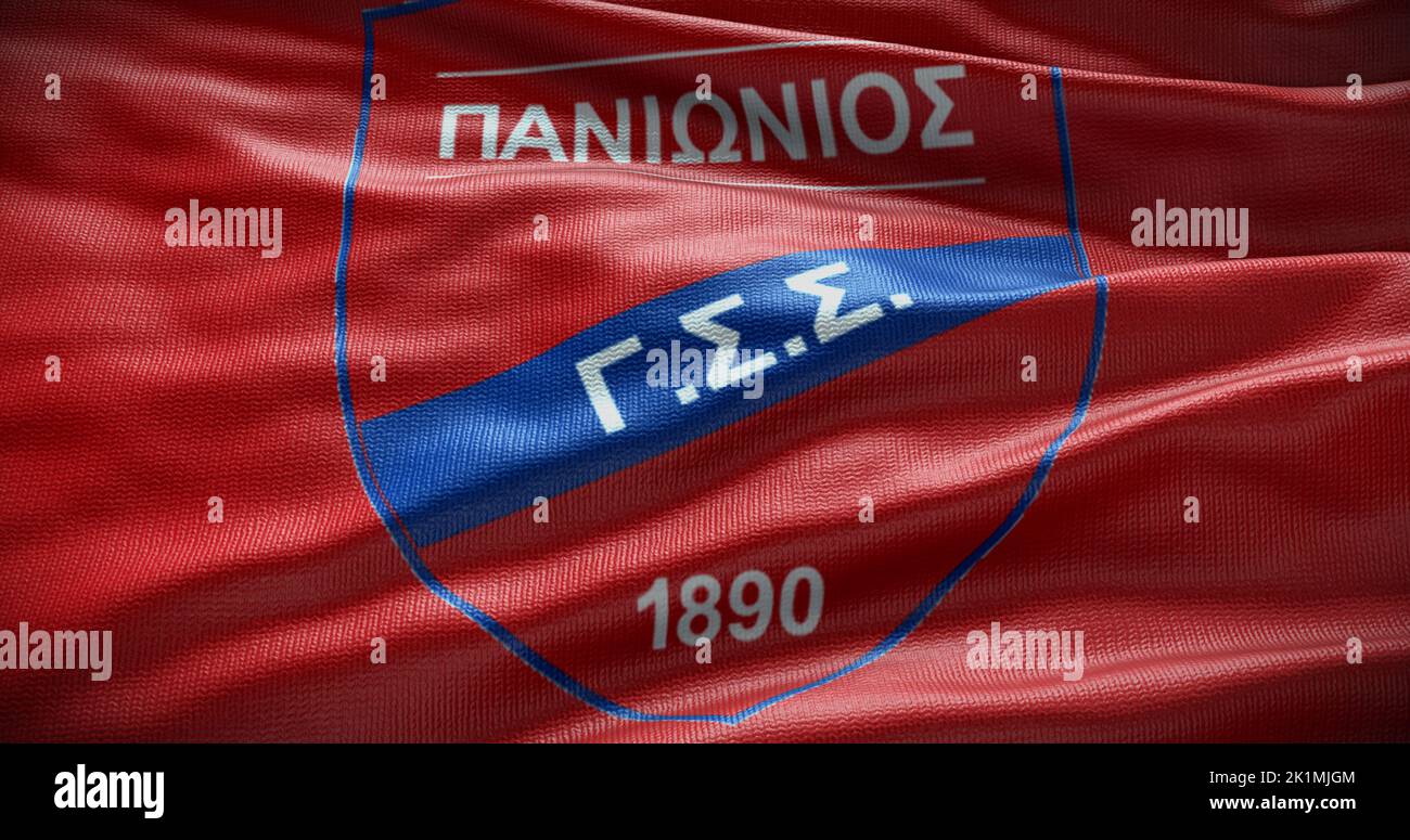 Barcelone, Espagne - 17 septembre 2022 : club de football Panionios FC, logo de l'équipe de football. 3D illustration, Editorial. Banque D'Images