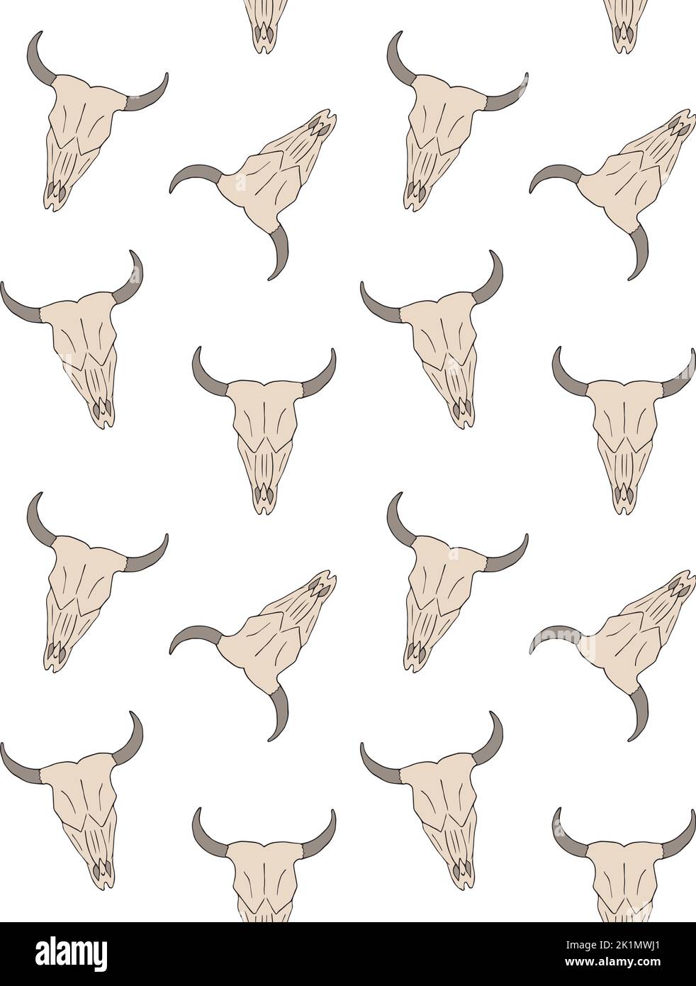 Motif vectoriel sans couture de l'esquisse de la doodle dessinée à la main crâne de vache de couleur isolée sur fond blanc Illustration de Vecteur