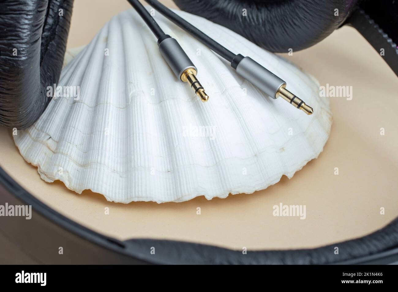 le casque se branche sur un concept de musique de bord de mer blanc en forme de coquillage. Banque D'Images