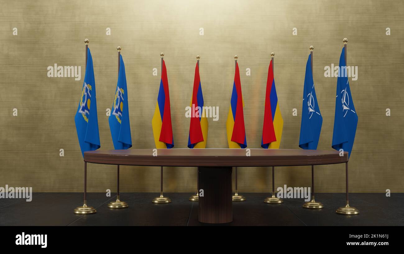 L'Arménie et l'OTAN et l'OTSC sur les négociations de la table ronde, le drapeau de l'Arménie et le drapeau de l'OTAN et le drapeau de l'OTSC, 3D travaux et 3D illustrations. Banque D'Images
