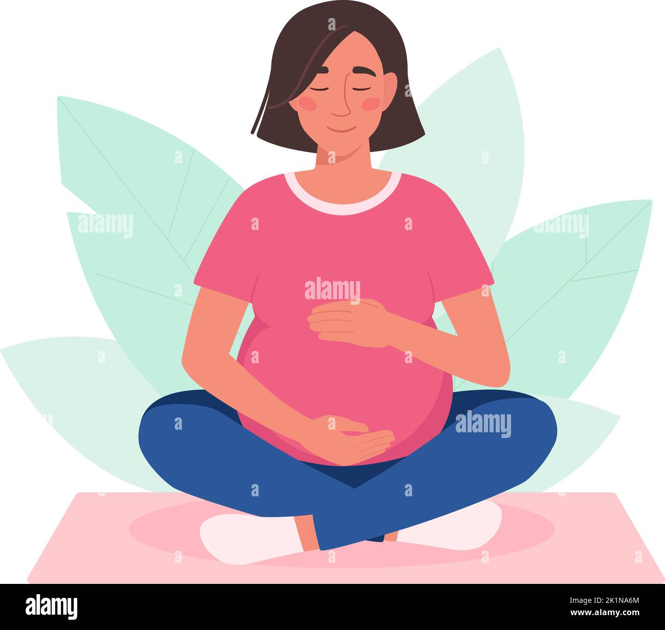 Une femme enceinte pratique le yoga. La fille est assise dans un asana, médite. Grossesse active. Siddhasana, virasana sur le tapis. Illustration vectorielle de style plat, arrière-plan isolé avec feuillage Illustration de Vecteur