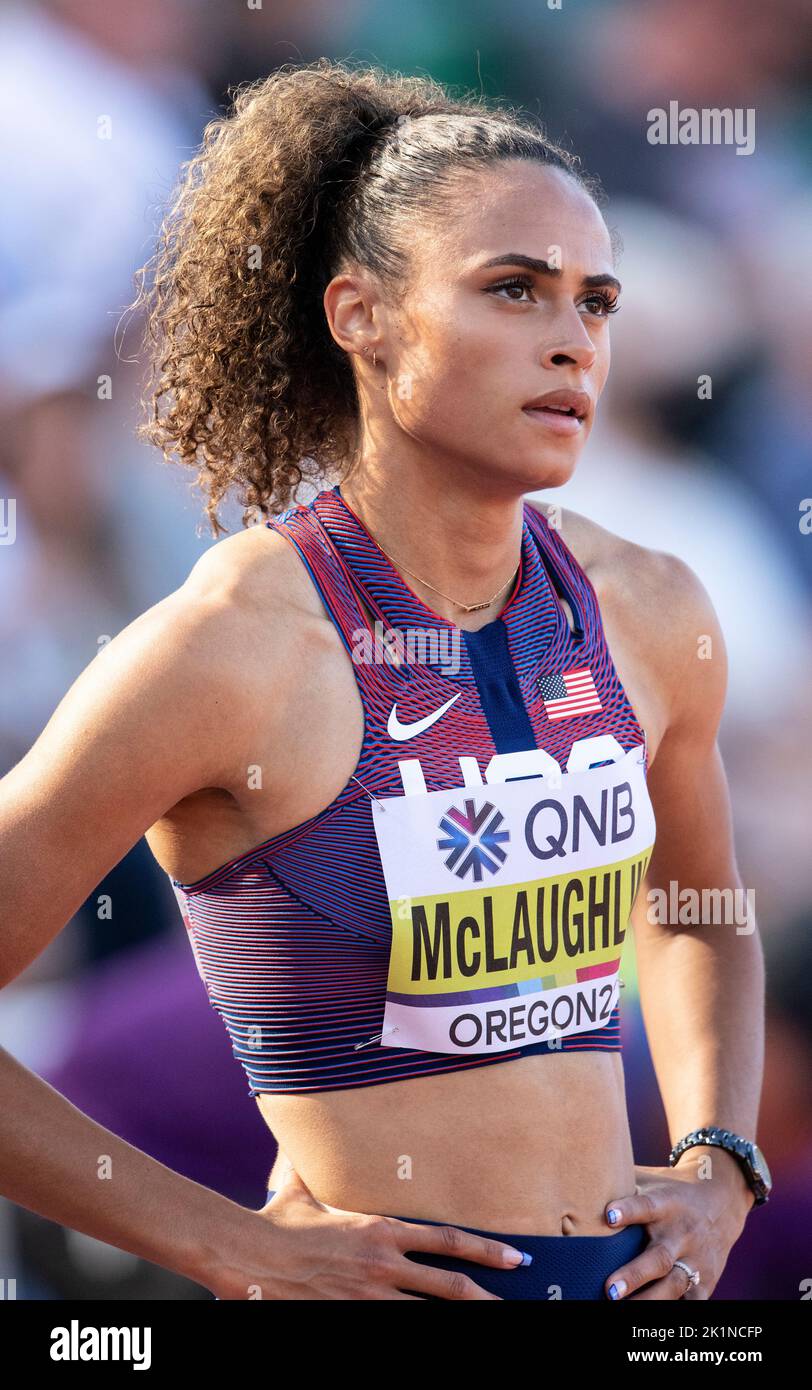 Sydney McLaughlin, des États-Unis, en compétition pour les 400m haies des femmes aux Championnats du monde d'athlétisme, Hayward Field, Eugene, Oregon, États-Unis, le 19th Banque D'Images