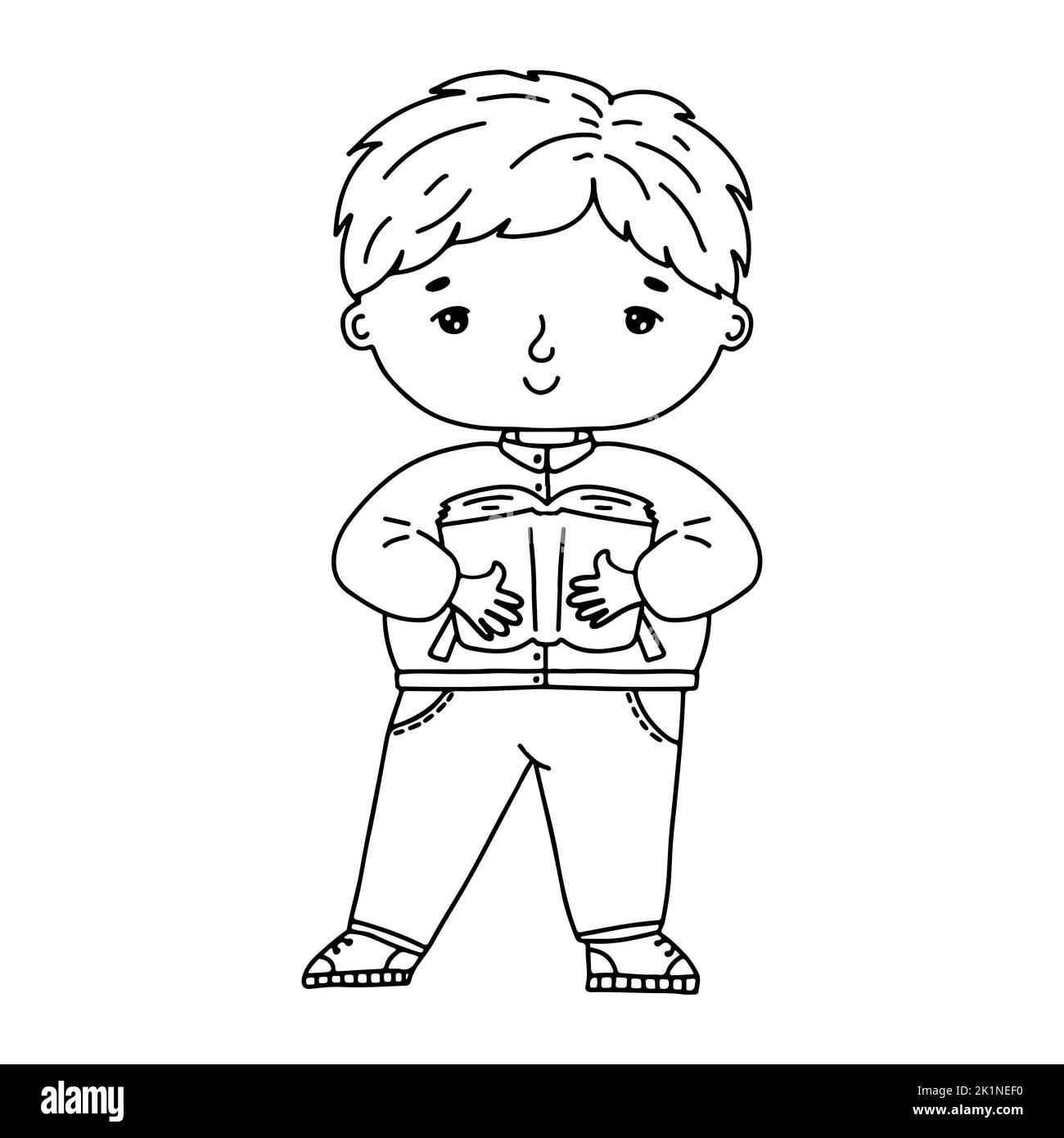 Un joli petit garçon avec un livre en forme de doodle dessiné à la main. Illustration d'esquisse vectorielle de Kid Illustration de Vecteur