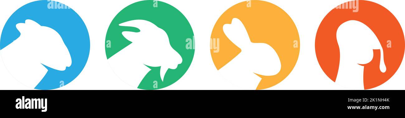Ensemble de silhouettes de têtes d'animaux de ferme. Silhouettes à tête de lapin, dinde, chèvre, mouton. Illustration vectorielle. Animaux de ferme dans des icônes de cercle de couleur Illustration de Vecteur