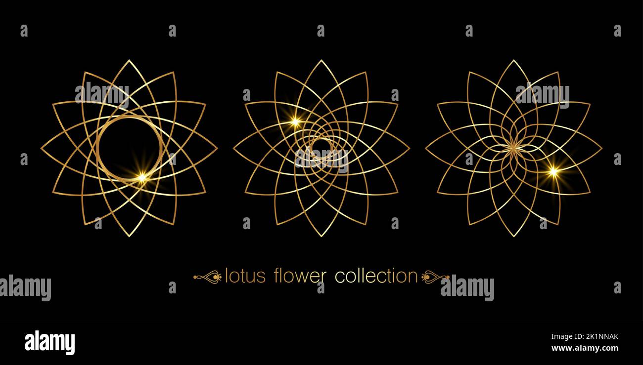 Collection Golden Lotus flower Set, mandala florale, décoration circulaire stylisée, logo floral art-ligne. Fleurs symboles du yoga, du spa, de la beauté Illustration de Vecteur